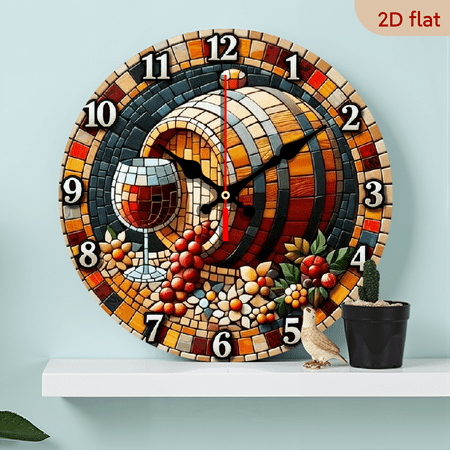 A 10-inch 2D flat Red Wine Mosaic themed wooden circular wall clock, suitable for decoration in bedrooms, living rooms and offices. It is an ideal gift for Christmas and New Year.