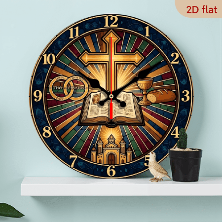 A 10-inch 2D flat wooden silent wall clock with the theme of Church Faith is an excellent choice for Halloween/Easter/Christmas gifts and is suitable for modern home decoration art.