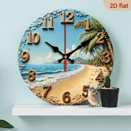 A 10-inch wall-mounted clock with a tropical beach theme. A three-dimensional clock that recreates the real scene of a beach, featuring palm trees, blue sea and sandy beaches.