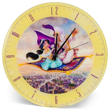 Aladdin and Jasmine Disney Kinkade Pale Yellow 12 inch Glass Round Wall Clock
