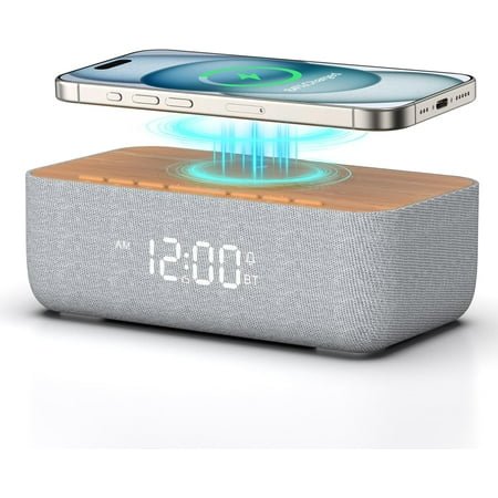 Alarm Clock Radio with Wireless Charging, Fast Magnetic Charging for Phone/iPhone, Bluetooth Speaker, FM Radio, Dimmable Digital Clock for College Dorm, Bedroom, Bedside, Desk