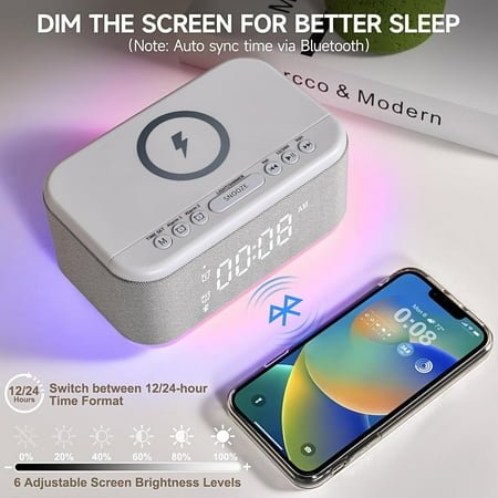 Alarm Clock Speaker Wireless Charger with , RGB Night Light, Dual Alarm and Dimmer, Gray