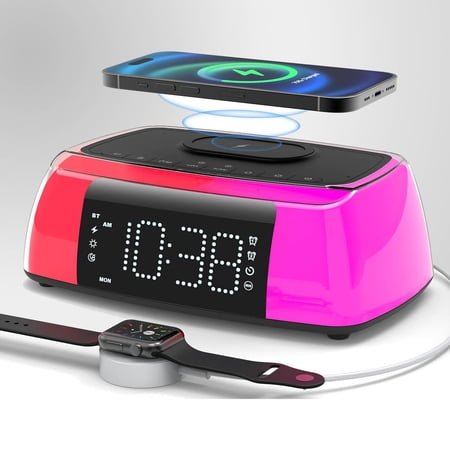 Alarm Clock with Wireless Charging, Digital Loud Alarm Clock with Sound Machine, Night Light, Bluetooth Speaker, Dimmable Bedside Charger Station for iPhones