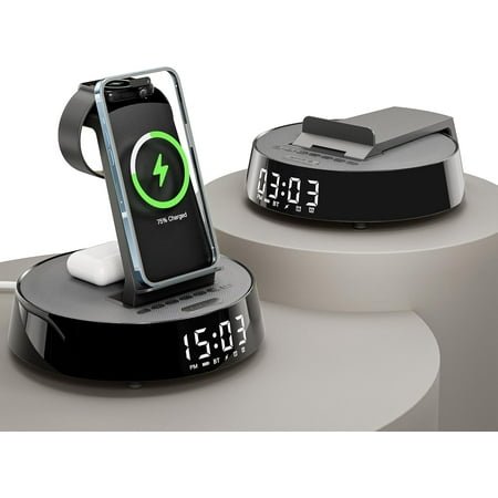 Alarm Clock with Wireless Charging Station, Clock for Bedroom with Dimmable Night Light Bluetooth Speaker, Wireless Charger Dock Station for iPhone 16 15 14 13 12 11 Pro Max, Apple Watch