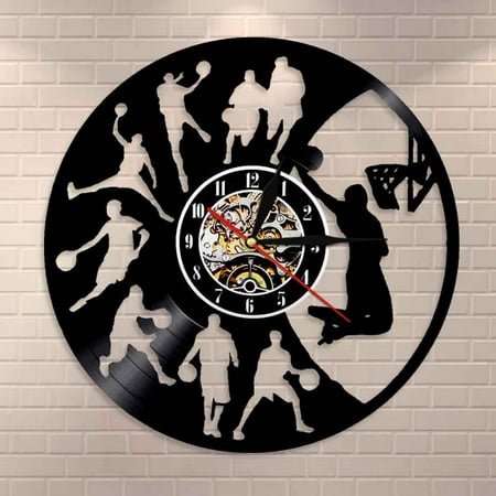 Amblelife Basketball Dunk Sportsroom Home Decor Wall Clock Basketball Players Silhouette Dunking Vinyl Record Clock Mancave Wall Decor