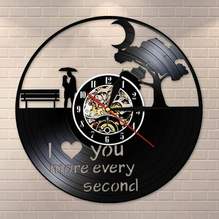 Amblelife I Love You More Every Second Vintage Vinyl Record Wall Clock Romantic Wall Art Home Decor Silent Wall Clock Gift for Anniversary