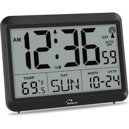 Atomic Digital Wall Clock Battery Operated, Self-Setting, Large Display with Temperature, Date, Day of The Week, Silent Wall Mount Digital Clock, 4 Time Zones, DST