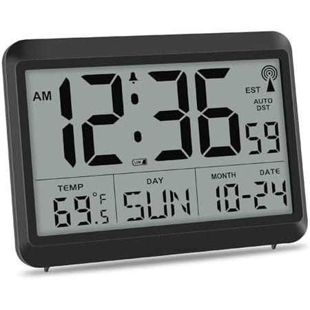 Atomic Digital Wall Clock Battery Operated, Self-Setting, Large Display with Temperature, Date, Day of The Week, Silent Wall Mount Digital Clock, 4 Time Zones, DST