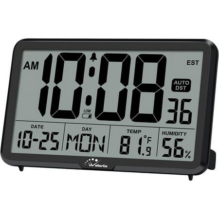 Auto Set Digital Wall Clock Battery Operated, Desk Clocks with Temperature, Humidity and Date, Large Display Digital Calendar Alarm Clock for Elderly, Bedroom, Office, 8 Time Zone, Auto DST.