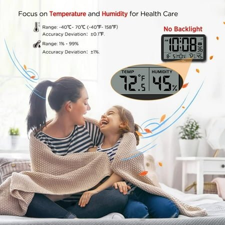 Auto Set Digital Wall Clock Battery Operated, Desk Clocks with Temperature, Humidity and Date, Large Display Calendar Alarm for Elderly, Bedroom, Office, 8 Time Zone, DST.