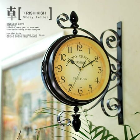 BESTOYARD Double Sided Wall Clock Vintage Design Iron Frame 360 Degree Rotation Silent