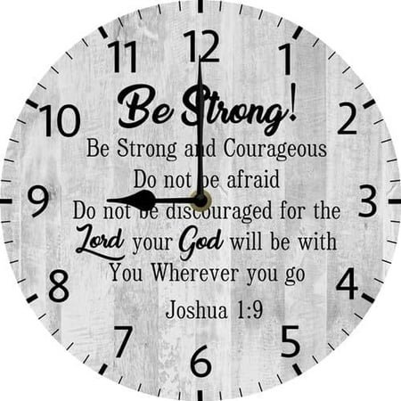 Bible Verse Wooden Wall Clock “Be Strong And Courageous” 10-Inch Silent Non-Ticking Battery-Operated Religious Home Decor