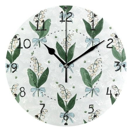 Blue Bows Tie on Flowers Round Wall Clock Silent Analog Battery Operated Black Pointer Home Decor 9.84 Diameter