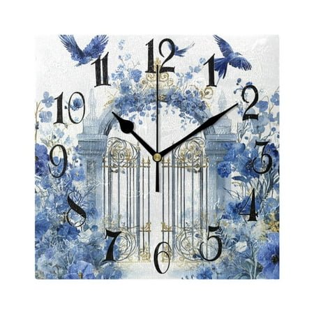 Blue Garden Floral Birds Wall Clock Decorative Square Silent Non-Ticking Operated Clocks Aesthetic for Bedroom Living Room