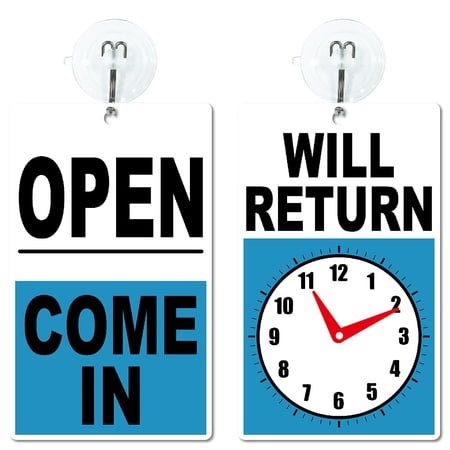 Blue Open Closed Sign Open Come in Door Sign Double Sides Plastic Vinyl Adjustable Return Time Clock Hanging Plate 7.87 x 4.72 Inch