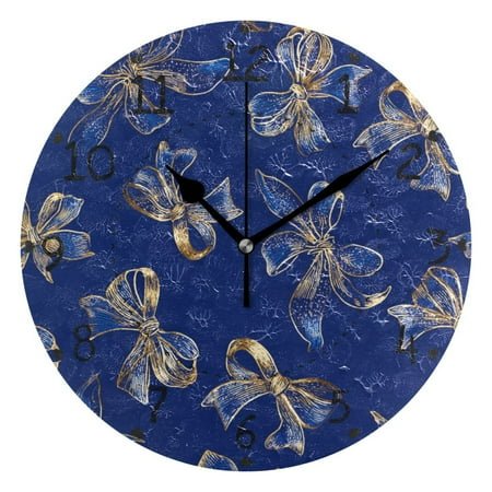 Blue Silk Bows with Gold Edging Round Wall Clock Silent Analog Battery Operated Black Pointer Home Decor 9.84 Diameter
