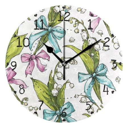 Bows Tie on Flowers Round Wall Clock Silent Analog Battery Operated Black Pointer Home Decor 9.84 Diameter