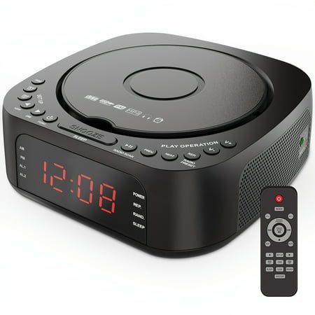 CD Player Alarm Clock Radio with Remote:CD/MP3, BT, FM Player with Speakers, USB Charger And Dimmable Display for Bedroom-Dual Alarm with Optional Sound Suitable for Heavy/light Sleeper.