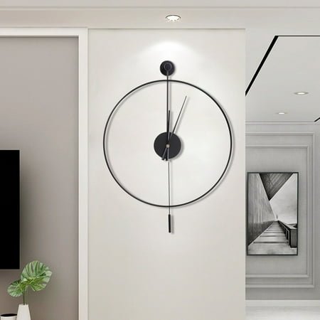 Classical Large Decorative Wall Clock with Pendulum, Modern Non-Ticking Silent Metal Wall Clocks for Living Room, Bedroom, Study, Office, 23.6 (Black)