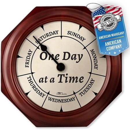 Classic Week-Day Wall Clock with Solid Wood-Octagonal Frame – Noon & Midnight Markers – Quiet Wall Mounted Clock - Ideal Retirement Gift for Men & Women, Mahogany, One Day at a Time, 10