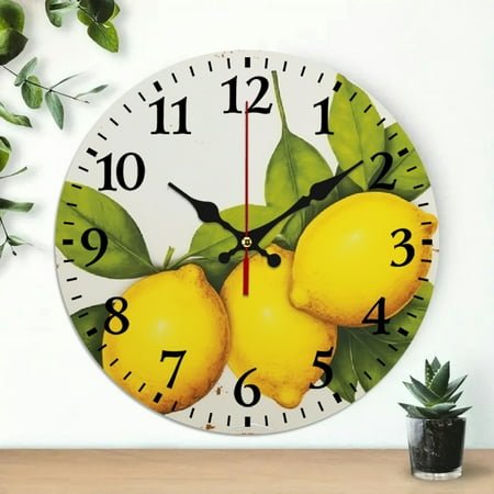 Creowell 10 Inch Round Wooden Wall Clock Lemon Leaves Print Home Decor 10x10in