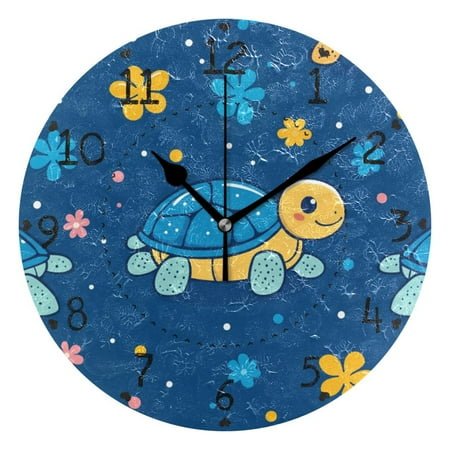 Cute Turtles Doodle Flowers Round Wall Clock Silent Analog Battery Operated Black Pointer Home Decor 9.84 Diameter