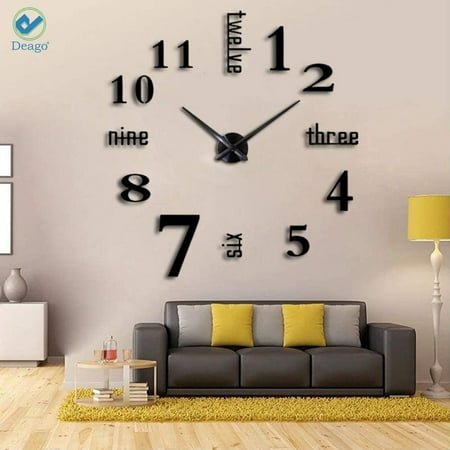 Deago Frameless DIY Wall Clock,Large Modern 3D Mirror Wall Clock Decor Sticker DIY Clock kit for Home Living Room Bedroom Office Decoration (Black)