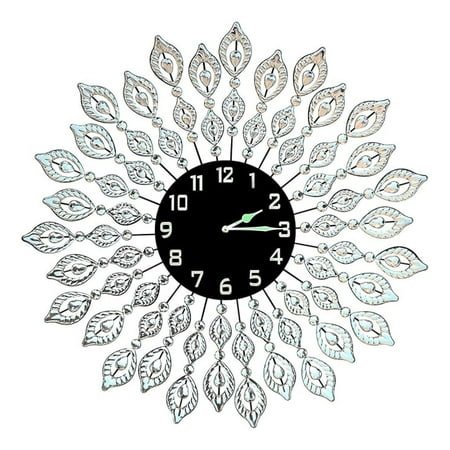 , Decorative Leaf Metal Wall Clock, Black Glass Dial Diameter 25, Perfect for Housewarming Gift (Crystal Clock Black1)
