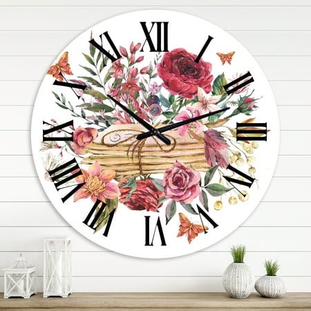 Designart 'Vintage Old Letters With Wildflowers' Farmhouse Wall Clock