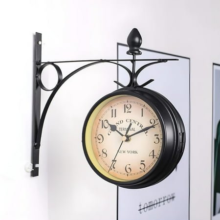 DESIGNICE Two-Sided Station Clock Double-Sided Wall Clock Retro Grandfather Clock Vintage Antique-Look Bracket Hanging Decorative Clock For Garden Indoors,Clock 12.12 * 7.5 Cm