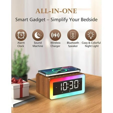Digital Alarm Clock with Speaker, Wireless Charging & Night Light, Vintage Wood Design for Bedroom Gifts