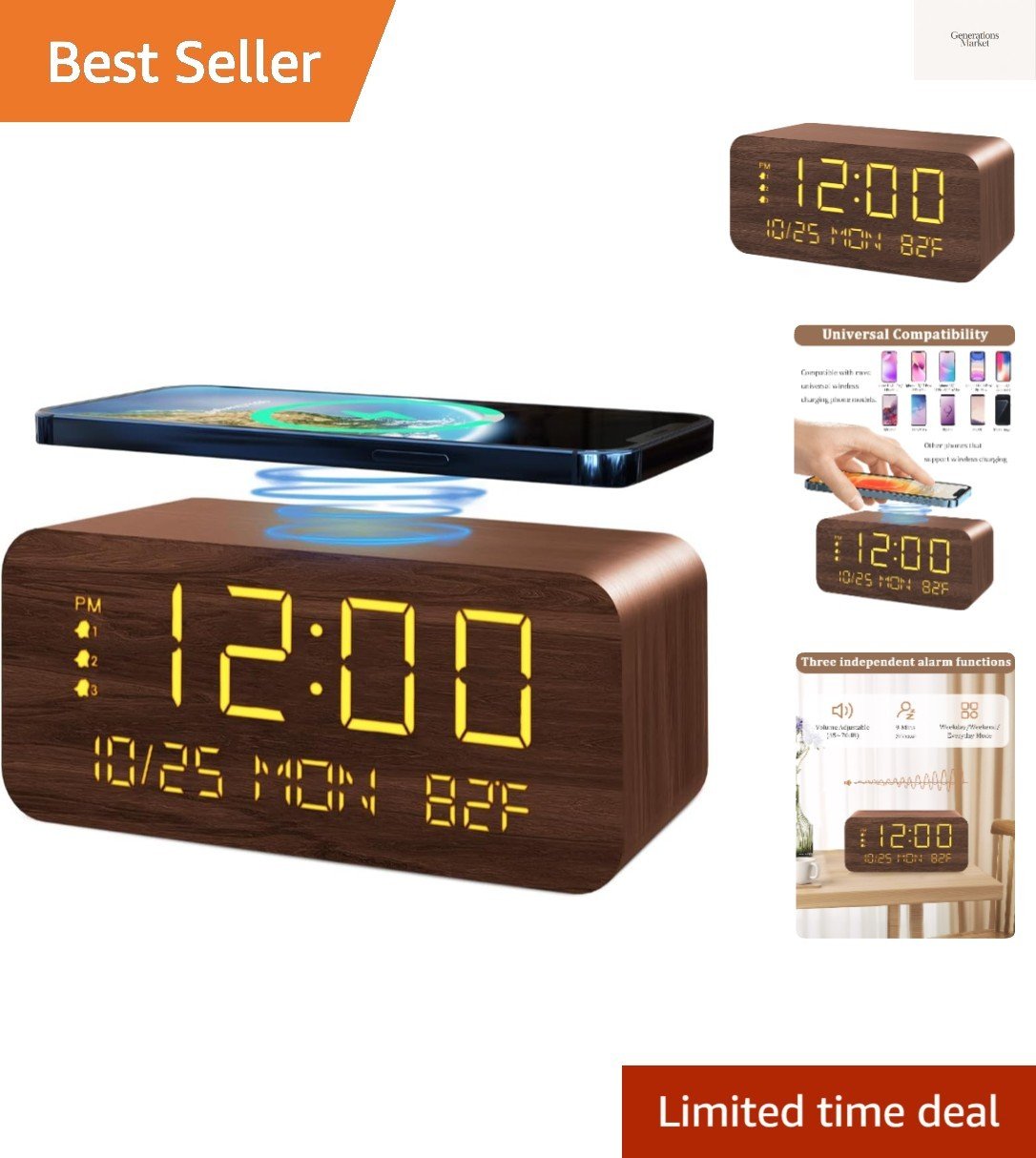 Digital Alarm Clock, with Wooden Electronic LED Time Display, 3 Alarm Setting...