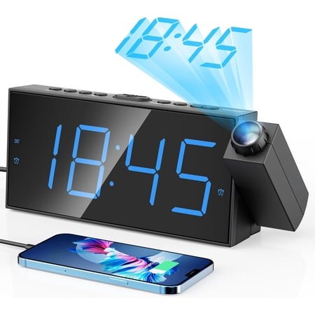 Digital Projection Alarm Clocks for Bedrooms - Large LED Display, 180° Rotatable Projector, 5-Level Dimmer,USB Charger,Battery Backup,Loud Dual Alarms Kids Elderly,Heavy Sleepers,Snooze,12/24H,DST