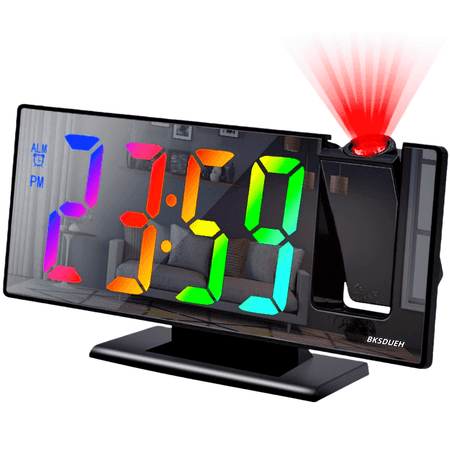 Digital Projection Alarm Clocks for Bedrooms, Large LED Display, BKSDUEH Mirror Desk Alarm Clock with USB Charger, Adjustable Brightness, Loud Alarms for Kids Elderly, Heavy Sleepers, Snooze, 12/24H