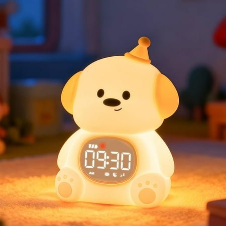 Dog Alarm Clock with Night Light for Kids with Sleep Training and Sound Machine, Rechargeable Silicone Lamp OK to Wake Clock，Cute Animal Tabletop Lamp, Perfect Sleep Companion for Boys Girls