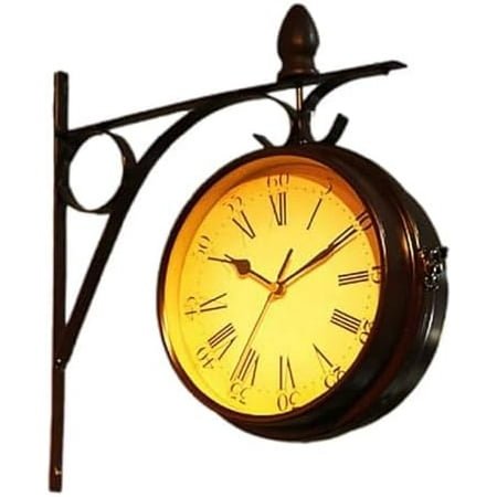 Double Sided Wall Clock Vintage Wrought Iron Round Clock for Outdoor Garden Decoration Black