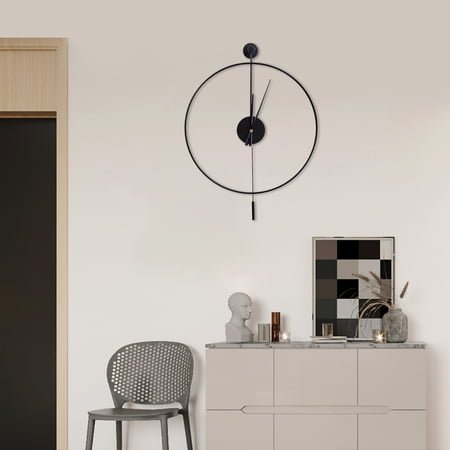 Dwellnix Minimalist Silent Wall Clock, Round Black Metal Design, Pendulum Quartz Clock for Living Room, Bedroom, Office, and Kitchen