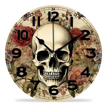 erolrail Rustic Wall Clock,Silent Non Ticking Wall Clocks for Living Room,Bedroom,Kitchen 12IN Tatoo Skull on Floral Background Beautiful