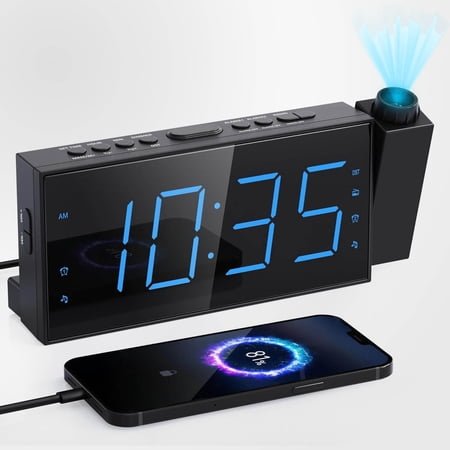 FM Radio Projection Alarm Clock, Large LED Display with Dimmer, Dual Alarms, USB Charger, Sleep Timer