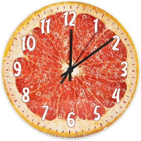 Food Themed PVC Wall Clock Grapefruit Design 10-Inch Silent Non-Ticking Round Farmhouse Clock for Kitchen Dining Room