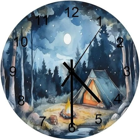 Forest Wall Clock, Watercolor Mountain Forest Nature Tree Woodland Round Clocks Wall Decor Silent No Ticking 12 Inch Wooden Clock for Bedroom Living Room Home Office