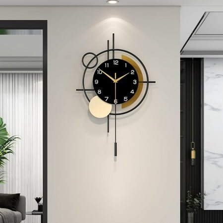 for Living Room Decor Decorative with Pendulum Silent Quartz Battery Operated Black Metal Large Clock for Dining Room,Kitchen,Home,Bathroom,Bedroom,13.8x21.3 in