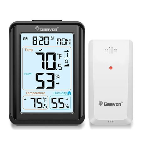 Geevon Indoor Outdoor Thermometer Wireless, Digital Temperature & Humidity Monitor with Alarm Clock, 3.8 Large Display, Backlight, 3 Channels, Battery Operated for Home, Bedroom, Greenhouse