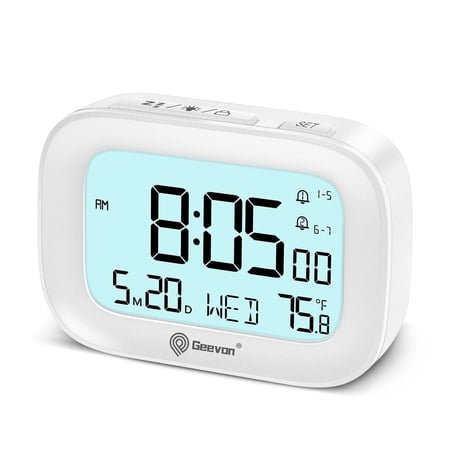 Geevon Small Travel Alarm Clock, Digital Alarm Clocks for Bedrooms Home Office, Battery Operated Desk Clock with 3 Inch Large Display, 2 Alarms, 5s Backlight, Snooze, Indoor Temperature(White)