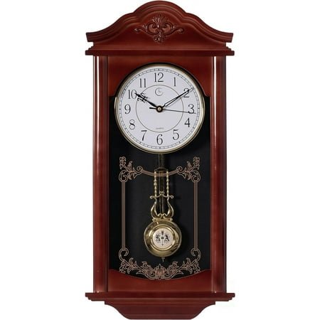 GGSW Large Vintage Grandfather Wood- Looking Plastic Pendulum Wall Clock for Living Room, Kitchen, or Dining Room, Large Brown