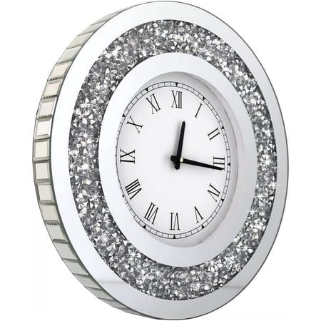 GGSW Silver Round Mirror Clock 20x20inches Crystal Sparkle Twinkle Bling Crush Diamond Mirrored Large Wall Clock for Wall Decoration Silver Glass Mirror Home Décor. AA Battery is not included.