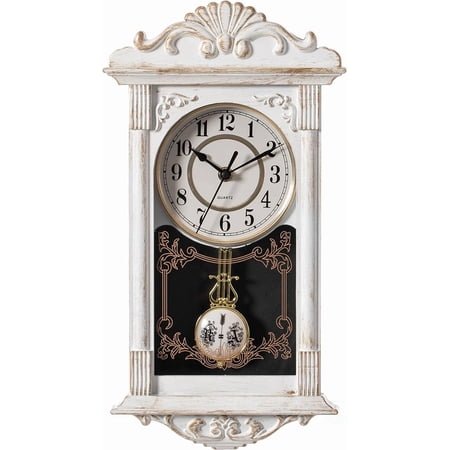 GGSW Vintage Grandfather-Style Wall Clock with Wood-Effect Plastic Pendulum Battery-Operated for Home Decor Living Room Home Office Kitchen or Dining Room (White, 16 Inch)