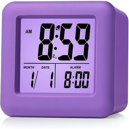 GJX Digital Alarm Clock Kids with Snooze and Nightlight - Easy Setting Silicone Clock Display Time,Date - Loud Alarm Clock for Bedroom - Battery Powered (Purple)