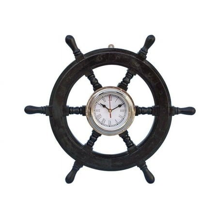 Handcrafted Model Ships SW-1720-Black 18 in. Deluxe Class Wood & Chrome Pirate Ship Wheel Clock