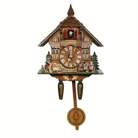 Handmade Wooden Cuckoo Clock with Night Chimes & Singing Bird - European Rustic Wall Clock, - (No Winding), Quiet Movement, for adults Bedroom/for, for clock Collection - -Shaped Top & Cooing